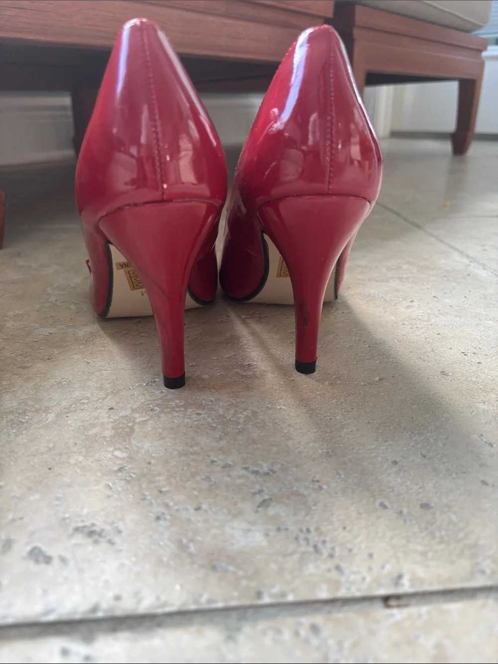 Pierre Dumas Red Patent Ruffle Peep-Toe Heels
